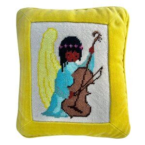 Ted De Grazia Yellow Velvet Pillow With Angel Needlepoint Design